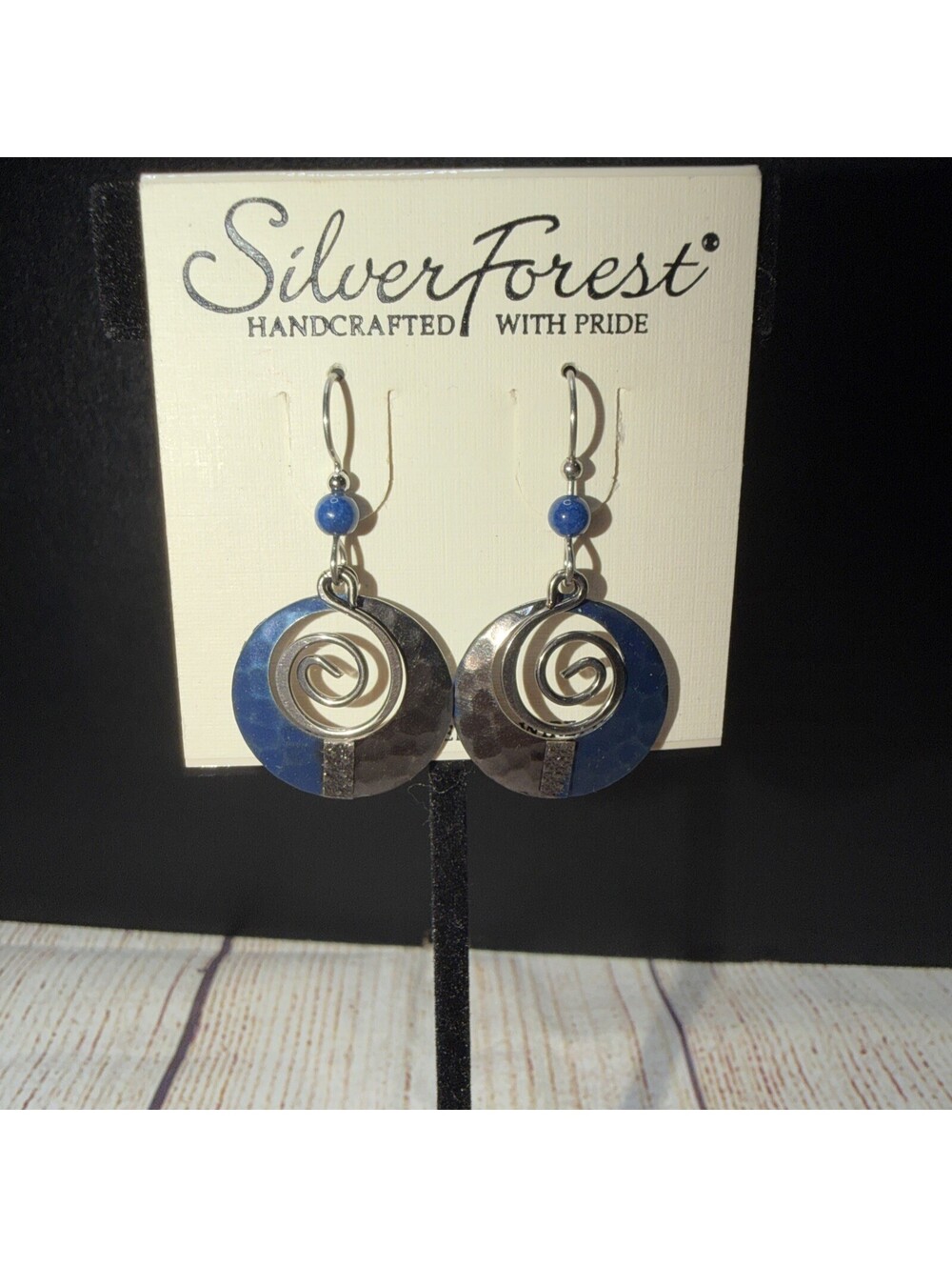 Silver Forest Round Dangle Earrings With Spiral Accents Blue And Silver Pierced